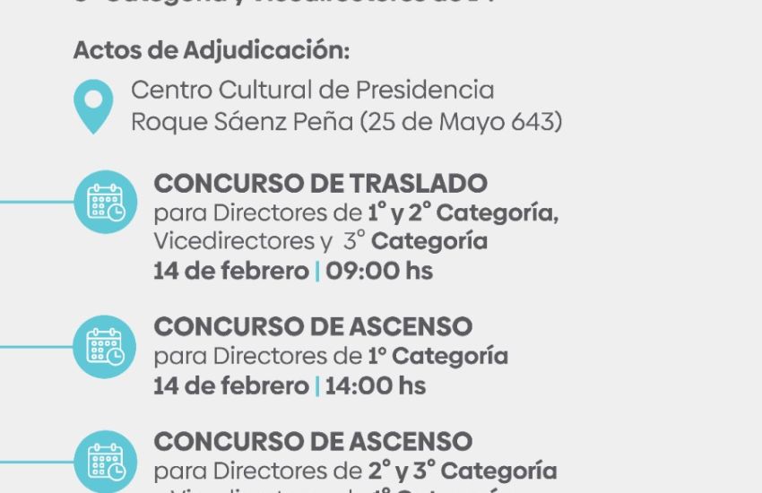 Juntas de nivel primario comunican fecha y horario de actos de adjudicación de concursos de ascenso y traslados para directores y vice