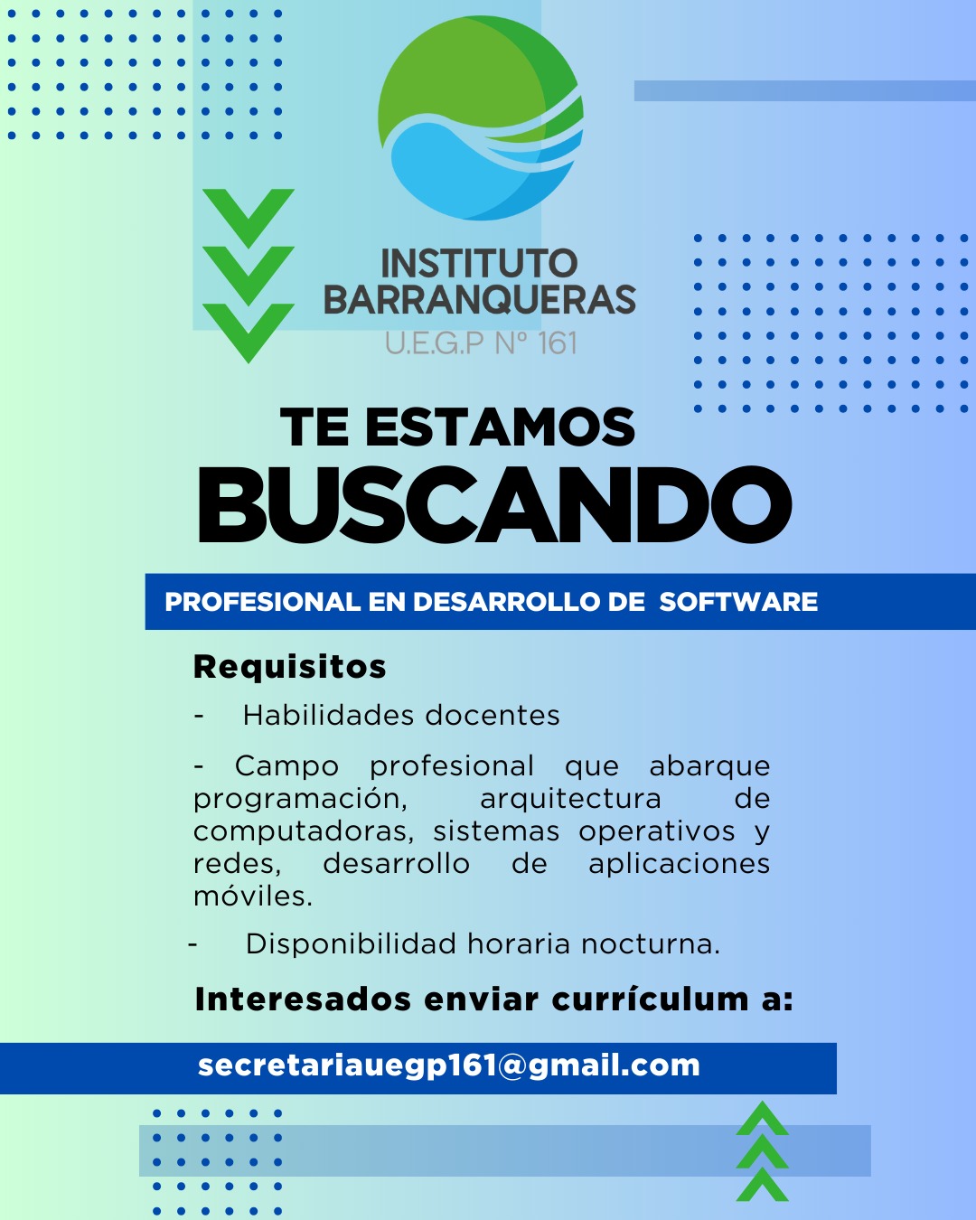 La UEGP N° 161 Instituto Barranqueras busca profesionales en Desarrollo de Software