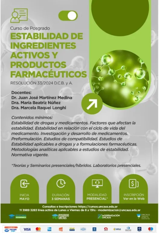 Está abierta la inscripción para el Curso de Posgrado UNCAUS: Estabilidad de ingredientes activos y productos farmacéuticos