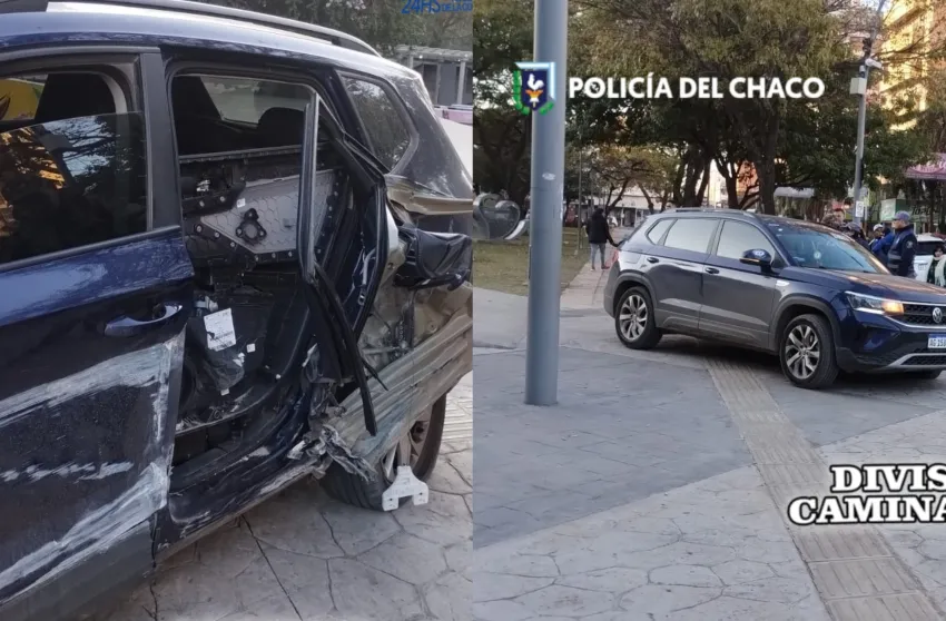 Fuerte accidente en pleno centro de Resistencia: un vehículo terminó sobre la vereda de la Plaza 25 de Mayo