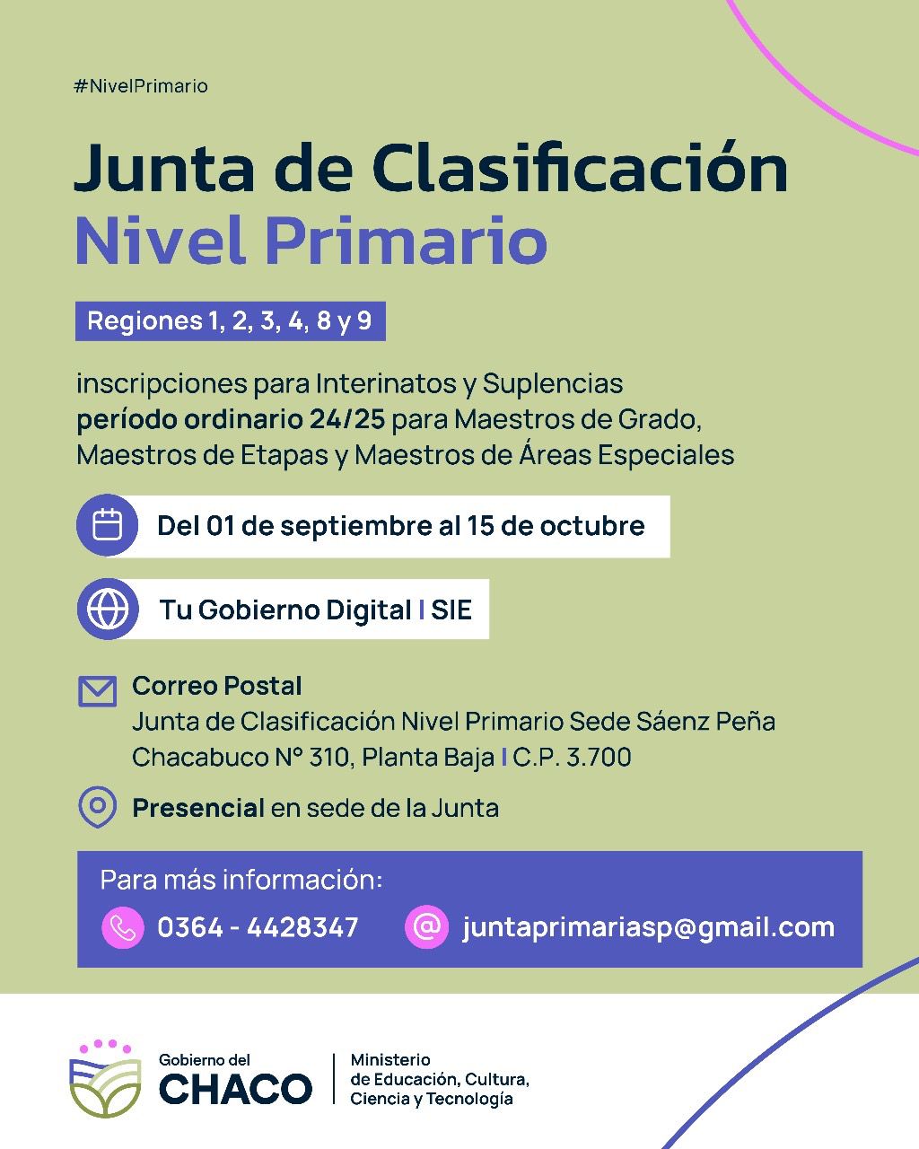 Junta de Clasificación Nivel Primario, sede Sáenz Peña: abre inscripción a interinatos  y suplencias