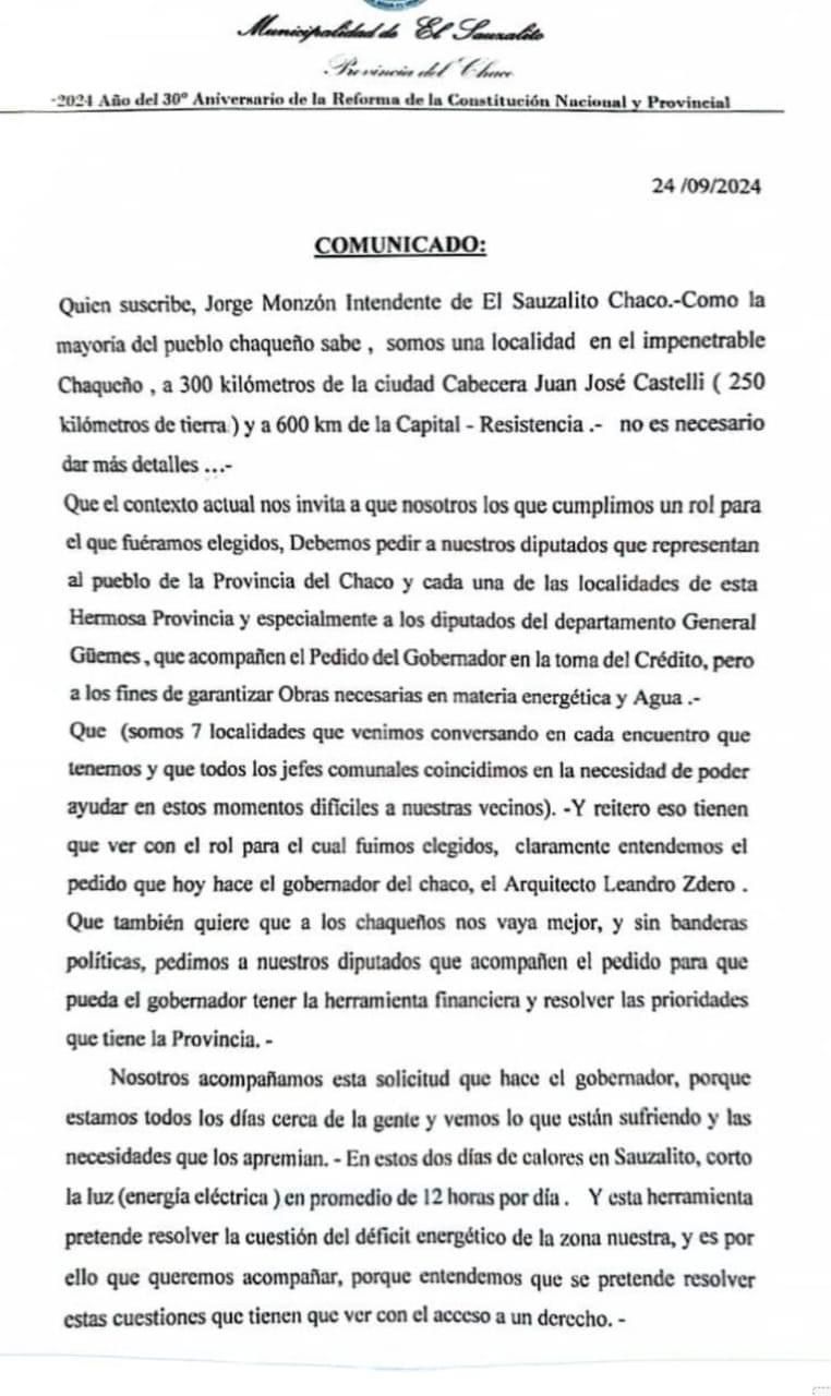 “Pedimos a nuestros diputados que acompañen el pedido del Gobernador en la toma de crédito”, destacó el intendente de El Sauzalito, Jorge Monzón