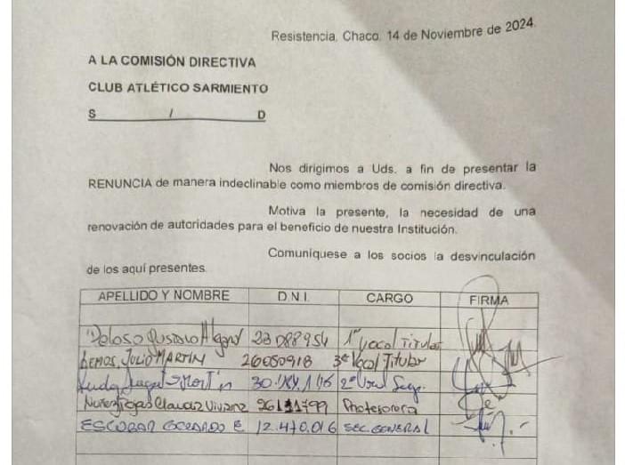 Cinco dirigentes presentaron la renuncia a sus cargos en Sarmiento