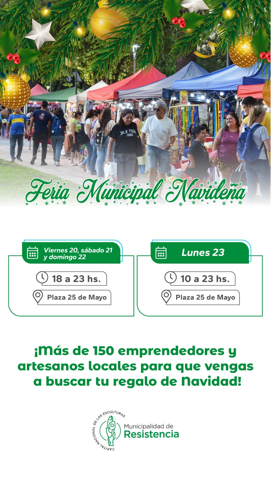 La Feria Municipal Navideña se realizará en la Plaza 25 de Mayo del viernes 20 al lunes 23