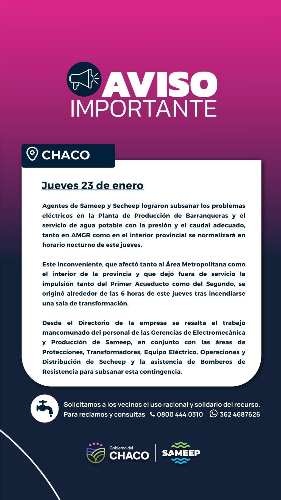 Barranqueras: Se subsanaron los problemas eléctricos en la planta de producción y el servicio de agua potable se reestablece paulatinamente