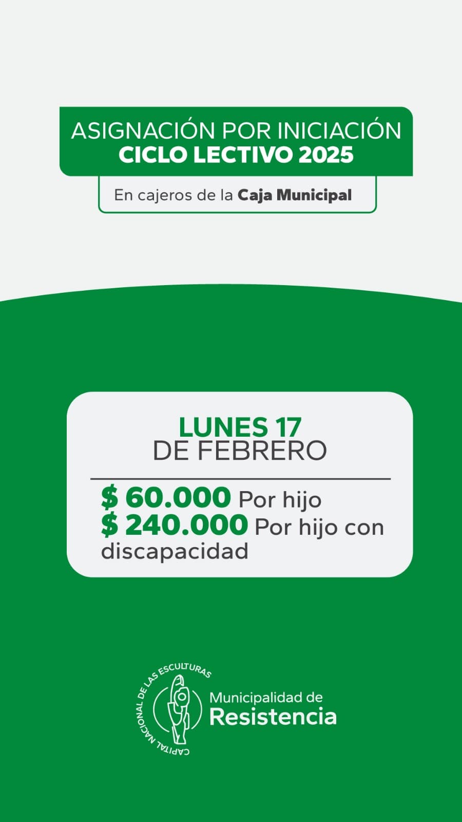 El lunes 17 de febrero el Municipio paga la asignación por inicio de ciclo lectivo