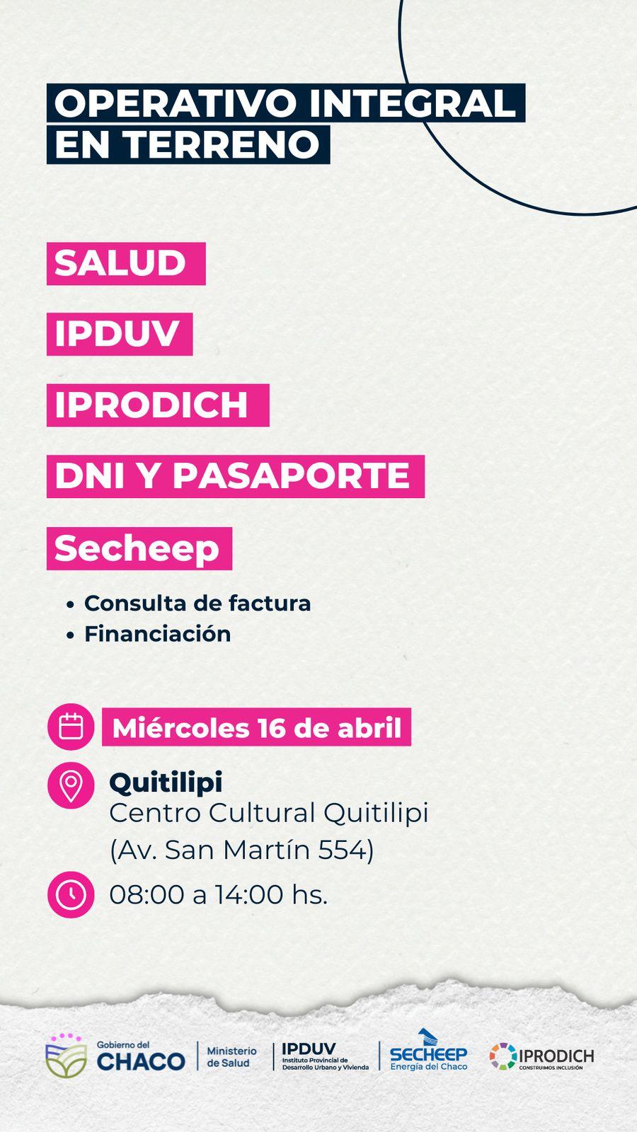 Este miércoles 16: el Operativo Integral en Terreno llega a Quitilipi
