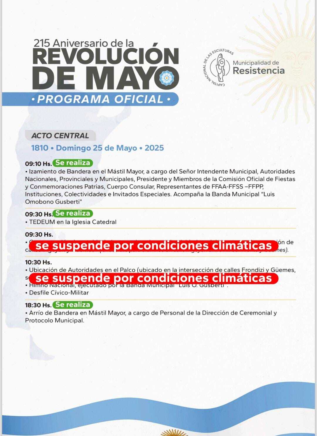 Aniversario de la Revolución de Mayo: se suspendió el desfile cívico militar en Resistencia