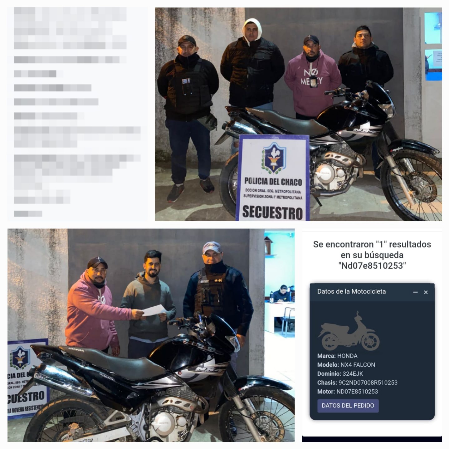 Recuperan moto sustraída tras operativo en Villa Los Lirios